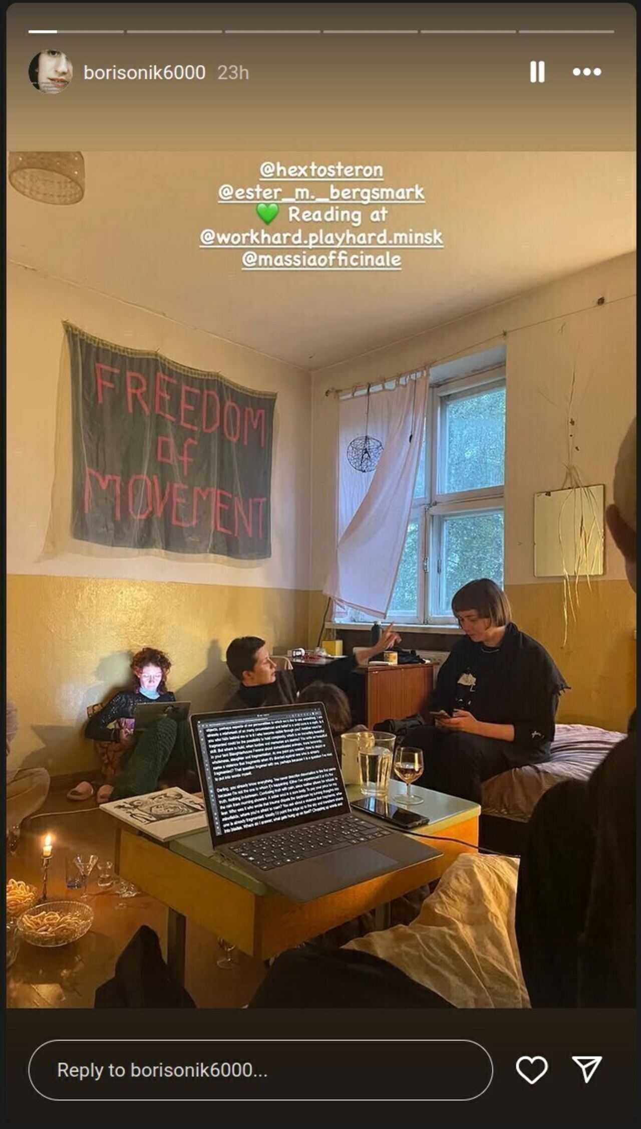Ester Bergsmark and Andria Nyberg Forshage suggest a reading on transintimacies, violence, play, and domesticity in their room. Their collaborative text is titled “nooks (I am hiding behind you or are you becoming visible through me)”